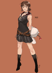Rule 34 | 1girl, absurdres, blush, breasts, brown background, brown eyes, brown hair, character name, choker, final fantasy, final fantasy xv, full body, highres, iris amicitia, jewelry, looking at viewer, miniskirt, navel, necklace, short hair, simple background, skirt, smile, solo, standing
