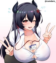 Rule 34 | 1girl, black hair, black horns, black skirt, breasts, bursting breasts, cleavage, clover hair ornament, collarbone, collared shirt, comdost (vtuber), covered erect nipples, cumdare, double v, flying sweatdrops, four-leaf clover hair ornament, hair ornament, horns, huge breasts, id card, indie virtual youtuber, lanyard, long hair, one eye closed, open mouth, red eyes, shirt, skirt, solo, twitter username, v, virtual youtuber, white shirt