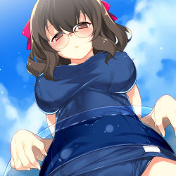 Rule 34 | 1girl, aburidashi zakuro, black hair, bow, breasts, brown eyes, cloud, day, glasses, hair bow, impossible clothes, impossible swimsuit, innertube, large breasts, looking at viewer, looking down, lowres, navel, one-piece swimsuit, school swimsuit, skin tight, sky, solo, swim ring, swimsuit