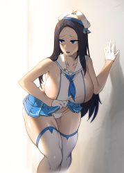 Rule 34 | 1girl, armpits, black hair, blue eyes, blue neckerchief, blue skirt, blush, breasts, cameltoe, clothes lift, collarbone, gloves, half gloves, hat, highres, huge breasts, invincible dragon (last origin), last origin, leaning forward, lifted by self, long hair, looking back, miniskirt, neckerchief, nose blush, open mouth, panties, parted bangs, pinkboy, pleated skirt, revealing clothes, sailor collar, sailor hat, sideboob, skirt, skirt lift, smile, solo, string panties, sweat, thick thighs, thighhighs, thighs, underwear, very long hair, wall, white gloves, white hat, white panties, white sailor collar, white thighhighs