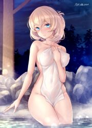 Rule 34 | 1girl, alternate hairstyle, blonde hair, blue eyes, blush, breasts, covering privates, hair up, kantai collection, large breasts, looking at viewer, naked towel, night, night sky, nude cover, onsen, outdoors, parted lips, rock, ryu-akt, signature, sitting, sky, solo, steam, towel, victorious (kancolle), water, wet, wet towel
