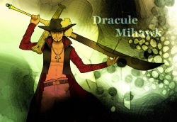 Rule 34 | 1boy, character name, dracule mihawk, hat, lining, male focus, one piece, open clothes, open shirt, popped collar, shirt, solo, sword, weapon, yoru (one piece)