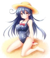 Rule 34 | 10s, 1girl, blue hair, blue one-piece swimsuit, breasts, brown eyes, collarbone, comic, female focus, hat, highres, kantai collection, large breasts, long hair, one-piece swimsuit, osashin (osada), polka dot, polka dot swimsuit, simple background, sitting, smile, solo, straw hat, swimsuit, ushio (kancolle), very long hair, wariza