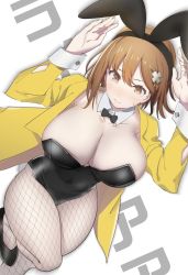 Rule 34 | 1girl, animal ears, arms up, atelier (series), atelier ryza, atelier ryza 1, black bow, black bowtie, black footwear, black leotard, blush, bow, bowtie, breasts, brown eyes, brown hair, cleavage, closed mouth, detached collar, drum (acta2436), fake animal ears, fishnet legwear, fishnets, from above, hair ornament, highres, jacket, large breasts, leotard, playboy bunny, rabbit ears, reisalin stout, sweatdrop, thick thighs, thighs, wrist cuffs, yellow jacket