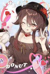 Rule 34 | 1girl, bare shoulders, blush, brown hair, choker, collarbone, colored tips, doughnut, dress, flower, flower-shaped pupils, food, genshin impact, ghost, hair between eyes, hat, hat flower, highres, holding, holding food, hu tao (autumn pop-up store) (genshin impact), hu tao (genshin impact), kkopoli, long hair, looking at viewer, multicolored hair, off-shoulder dress, off shoulder, one eye closed, red eyes, signature, solo, symbol-shaped pupils, tongue, tongue out, twintails, v, very long hair