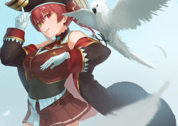 Rule 34 | &gt;:), 1girl, adjusting clothes, adjusting headwear, animal on arm, ascot, bad id, bad pixiv id, belt, bicorne, bird, bird on arm, black choker, black coat, black hat, breasts, brooch, brown belt, buttons, character name, choker, coat, cockatoo, cowboy shot, cropped jacket, frilled choker, frills, from side, gloves, gold trim, hair ribbon, hat, heterochromia, highres, hololive, houshou marine, jacket, jewelry, large breasts, leather belt, leotard, leotard under clothes, long hair, looking at viewer, midriff, miniskirt, off shoulder, pirate, pleated skirt, red ascot, red eyes, red hair, red jacket, red ribbon, red skirt, ribbon, see-through, see-through leotard, skirt, sleeveless, sleeveless jacket, smile, solo, tarorud, twintails, two-tone skirt, v-shaped eyebrows, virtual youtuber, white gloves, yellow eyes