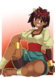 Rule 34 | 1girl, ajna (indivisible), ankle wrap, beads, bike shorts, bracelet, breasts, brown hair, dark skin, dark-skinned female, graphite (medium), hair ornament, indivisible, jewelry, looking at viewer, millipen (medium), onnaski, open mouth, sandals, short hair, smile, solo, traditional media