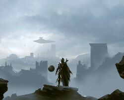 Rule 34 | 1boy, absurdres, ball, boots, building, cape, city, cloud, cloudy sky, din djarin, floating, floating object, from behind, gloves, helm, helmet, highres, kalmahul, scenery, sky, standing, star destroyer, star wars, the mandalorian, torn cape, torn clothes, weapon, weapon on back