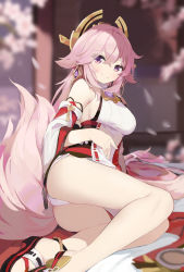 Rule 34 | 1girl, absurdres, animal ears, arm support, ass, blurry, breasts, cherry blossoms, commentary request, coria, depth of field, detached sleeves, earrings, falling petals, fox ears, fox girl, fox shadow puppet, fox tail, genshin impact, hair between eyes, hair ornament, highres, japanese clothes, jewelry, long hair, long sleeves, looking at viewer, lying, medium breasts, nontraditional miko, on side, panties, pantyshot, petals, pink hair, purple eyes, ribbon-trimmed sleeves, ribbon trim, sideboob, sidelocks, smile, solo, tail, thighs, underwear, vision (genshin impact), white panties, wide sleeves, yae miko