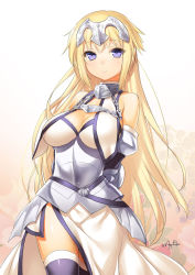 Rule 34 | 1girl, 47agdragon, armor, armored dress, bare shoulders, blonde hair, breasts, cleavage, detached sleeves, dress, fate/apocrypha, fate/grand order, fate (series), grey eyes, grey thighhighs, headpiece, highres, jeanne d&#039;arc (fate), jeanne d&#039;arc (ruler) (fate), jeanne d&#039;arc (third ascension) (fate), large breasts, long hair, looking at viewer, ruler (fate/grand order), smile, solo, thighhighs, thighs, very long hair, white dress