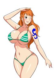 Rule 34 | 1girl, absurdres, bikini, blush, breasts, cleavage, curvy, green bikini, highres, large breasts, legs, long hair, mangakay, nami (one piece), navel, one piece, open mouth, orange eyes, orange hair, smile, solo, swimsuit, tattoo, thick thighs, thighs