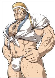 Rule 34 | 1boy, abs, aether deity (housamo), arm hair, bara, beard, blonde hair, bulge, character request, chest hair, dog tags, facial hair, feet out of frame, fundoshi, hachimaki, hairy, happi, headband, japanese clothes, jewelry, kimono, large pectorals, leg hair, looking at viewer, male focus, male pubic hair, mature male, mennsuke, muscular, muscular male, navel, navel hair, necklace, pectoral cleavage, pectorals, penis, pubic hair, pubic hair peek, shirt, short hair, sideburns, smile, smug, solo, stomach, stubble, thick thighs, thighs, tied shirt, tokyo houkago summoners, white background, white kimono