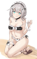 Rule 34 | 1girl, azur lane, bare arms, bare shoulders, bikini, blush, bow, breasts, brown footwear, choker, cleavage, closed mouth, collarbone, frilled bikini, frills, full body, grey hair, hair between eyes, hair ornament, hairclip, highres, kneeling, large breasts, long hair, looking at viewer, maid, maid bikini, maid headdress, manchester (azur lane), medium breasts, mumei shumi, navel, ribbon, sandals, short hair, simple background, sitting, smile, solo, stomach, swimsuit, thighs, unconventional maid, wariza, white background, wrist cuffs