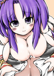 Rule 34 | 00s, bare shoulders, blush, bra, breasts, censored, clannad, cleavage, cum, cum on body, cum on breasts, cum on clothes, cum on upper body, ichinose kotomi, large breasts, lingerie, open clothes, open shirt, paizuri, paizuri under clothes, penis, penis under another&#039;s clothes, purple eyes, purple hair, school uniform, shirt, smile, solo focus, underwear