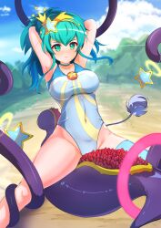 Rule 34 | 1girl, armpits, arms behind head, blue choker, blue eyes, blue hair, blue leotard, blue thighhighs, blush, breasts, brooch, choker, closed mouth, collarbone, covered navel, cure milky, defeat, dot nose, eari, forced orgasm, groin, hagoromo lala, hair ornament, highres, jewelry, large breasts, leotard, medium hair, outdoors, precure, restrained, shiny clothes, shiny skin, single thighhigh, solo, spread legs, star (symbol), star hair ornament, star twinkle precure, tentacles, thighhighs