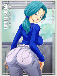 Rule 34 | 1girl, :d, aqua hair, artist name, ass, blue eyes, blue shirt, breasts, bulma, bulma (future), covered erect nipples, dragon ball, dragonball z, earrings, from behind, jewelry, long sleeves, looking at viewer, looking back, mature female, medium hair, open mouth, pants, pocket, sano br, shirt, smile, solo, watermark