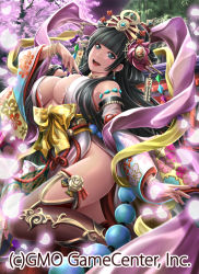 Rule 34 | 1girl, ame no uzume (gensou no minerva knights), armlet, bare shoulders, beads, black hair, blue eyes, bracelet, breasts, cherry blossoms, cleavage, detached sleeves, earrings, floral print, flower, gensou no minerva knights, hagoromo, hair flower, hair ornament, headdress, japanese clothes, jewelry, kimono, large breasts, leg up, long hair, looking at viewer, nail polish, night, obi, official art, petals, sash, shamakho, shawl, solo, thighhighs, torii, very long hair, wide sleeves