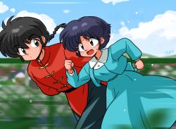 Rule 34 | 1boy, 1girl, angry, aqua dress, aqua jacket, arms behind back, artist name, black hair, blue hair, blue pants, blue sky, blurry, blurry background, blurry foreground, bob cut, braid, braided ponytail, breasts, brown eyes, chain-link fence, chinese clothes, clenched hands, closed mouth, cloud, commentary, cropped jacket, cumulonimbus cloud, depth of field, dot mouth, dress, fence, frog button, hair between eyes, jacket, leaning forward, light particles, long dress, long hair, looking ahead, looking at another, medium breasts, motion blur, open mouth, pants, ranma 1/2, red shirt, running, saotome ranma, shirt, short hair, shouting, side-by-side, signature, single braid, sky, sweat, tangzhuang, tendou akane, toggles, town, v-shaped eyebrows, wanta (futoshi)