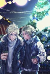 Rule 34 | 2boys, alternate costume, blonde hair, blue eyes, blurry, blurry background, christmas, christmas ornaments, christmas tree, closed eyes, cloud strife, cup, disposable cup, final fantasy, final fantasy vii, final fantasy x, fur-trimmed jacket, fur trim, hair between eyes, hand in pocket, headphones, highres, holding, holding cup, hood, hood down, hoodie, jacket, letterman jacket, male focus, multiple boys, night, open mouth, parted bangs, scarf, short hair, smile, spiked hair, tidus, twitter username, upper body, warori anne, winter clothes