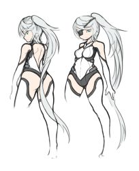 Rule 34 | 1girl, arceonn, ass, back, blue eyes, boots, borrowed character, breasts, concept art, elbow gloves, eyepatch, gloves, high ponytail, leotard, multiple views, original, silver hair, small breasts, thigh boots, thighhighs, white gloves, white thighhighs
