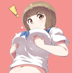 Rule 34 | !, 10s, 1girl, bad id, bad pixiv id, breast lift, breasts, brown eyes, brown hair, heart, heart-shaped pupils, kill la kill, large breasts, looking at viewer, mankanshoku mako, midriff, moisture (chichi), navel, pink background, short hair, simple background, smile, solo, symbol-shaped pupils