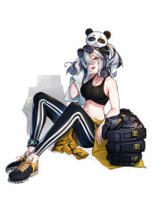 Rule 34 | 1girl, :d, absurdres, alternate costume, animal, animal on head, arknights, bare arms, bare shoulders, black footwear, black hair, black pants, breasts, brown eyes, chinese commentary, cleavage, clothes around waist, collarbone, commentary request, crop top, eyewear on head, fang, feater (arknights), feater (dojo star) (arknights), full body, groin, hair over one eye, hand up, head tilt, highres, holding, holding towel, iku! iku!!, jacket, jacket around waist, large breasts, leggings, long hair, looking up, midriff, multicolored hair, navel, official alternate costume, on head, open mouth, panda, pants, shoes, silver hair, simple background, sitting, smile, sneakers, sports bra, stomach, streaked hair, sunglasses, sunglasses on head, towel, twintails, white background, yellow jacket