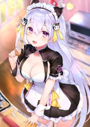 Rule 34 | 1girl, :d, animal ears, apron, black dress, blurry, blurry background, breasts, cleavage, commentary request, cookie, counter, depth of field, dress, fang, food, frilled dress, frilled sleeves, frills, hair between eyes, hair ornament, highres, holding, holding food, hourei tenten, indoors, looking at viewer, maid, maid headdress, medium breasts, melty+, mole, mole on breast, omelet tomato, open mouth, pink eyes, pleated dress, rolling pin, short sleeves, silver hair, smile, solo, standing, thighhighs, virtual youtuber, white apron, white thighhighs, window, wooden floor, wrist cuffs