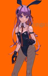 Rule 34 | 1girl, animal ears, armband, bare shoulders, black gloves, braid, breasts, character name, cleavage, closed mouth, collarbone, commentary request, contrapposto, covered navel, danganronpa: trigger happy havoc, danganronpa (series), fake animal ears, feet out of frame, fishnet pantyhose, fishnets, gloves, hair ribbon, highres, kirigiri kyoko, leotard, long hair, long legs, looking at viewer, medium breasts, necktie, nzeneee, official alternate costume, orange background, pantyhose, playboy bunny, purple eyes, purple hair, rabbit ears, red necktie, ribbon, simple background, single braid, solo, standing, strapless, strapless leotard