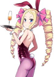 Rule 34 | 1girl, :&lt;, alcohol, alternate costume, animal ears, beatrice (re:zero), blush, champagne, champagne flute, commentary request, cup, drill hair, drinking glass, fake animal ears, fake tail, from side, hair ribbon, headband, holding, holding tray, leotard, looking at viewer, pantyhose, pink leotard, pink pantyhose, pink ribbon, playboy bunny, rabbit ears, rabbit tail, re:zero kara hajimeru isekai seikatsu, red headband, ribbon, s (hdru2332), solo, strapless, strapless leotard, tail, tray, twin drills, twintails, wrist cuffs