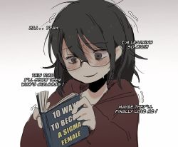 Rule 34 | 1girl, black hair, book, brown hoodie, english text, glasses, gradient background, grey background, grey eyes, hair between eyes, holding, holding book, hood, hoodie, long hair, long sleeves, original, parted lips, reading, real life, snale, solo, sweat, trembling, upper body, white background