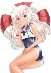 Rule 34 | 10s, 1girl, aoi kanan, ass, blonde hair, blue eyes, crop top, kantai collection, lifebuoy, long hair, lying, on side, ro-500 (kancolle), sailor collar, school swimsuit, solo, swim ring, swimsuit, swimsuit under clothes, tan, tanline, thighs