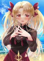 Rule 34 | 1girl, absurdres, blonde hair, commentary, day, earrings, ereshkigal (fate), ereshkigal (youming niangniang) (fate), fate/grand order, fate (series), highres, jewelry, long sleeves, looking at viewer, mochizuki shion, nail polish, official alternate costume, own hands together, red eyes, red nails, smile, solo, tassel, vietnamese dress