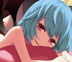 Rule 34 | 1girl, bat wings, blue hair, fang, female focus, hota, looking at viewer, nude, open mouth, red eyes, remilia scarlet, short hair, smile, solo, touhou, wings