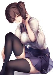 Rule 34 | 10s, 1girl, artist name, black thighhighs, blue skirt, breasts, brown eyes, brown hair, genyaky, hakama, hakama short skirt, hakama skirt, hand in own hair, hand on own leg, japanese clothes, kaga (kancolle), kantai collection, large breasts, looking at viewer, parted lips, shadow, short hair, side ponytail, simple background, sitting, skindentation, skirt, solo, thighhighs, wide sleeves