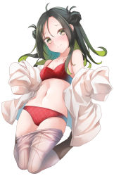 Rule 34 | 1girl, ahoge, black hair, blush, bra, closed mouth, clothes pull, collarbone, comah, double bun, green hair, grey pantyhose, hair bun, highres, kantai collection, long hair, makinami (kancolle), multicolored hair, navel, panties, pantyhose, pantyhose pull, red bra, red panties, simple background, sleeves past fingers, sleeves past wrists, solo, underwear, white background, yellow eyes