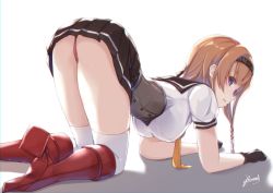 Rule 34 | 1girl, absurdres, all fours, artist name, ass, bee doushi, black gloves, black headband, black skirt, blue eyes, boots, braid, breasts, clothes writing, corset, gloves, headband, highres, kantai collection, knee boots, large breasts, light brown hair, long hair, looking at viewer, looking back, panties, pleated skirt, red footwear, red panties, sailor collar, shadow, simple background, skirt, solo, striped clothes, striped skirt, teruzuki (kancolle), thighs, twin braids, underwear, white background