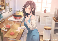 Rule 34 | 1girl, apron, bare shoulders, black hair, black skirt, blue apron, blush, bottle, braid, cactus, cloth, cooking, cooking oil, cooking pot, copyright notice, counter, cowboy shot, cup, cutting board, drawer, finger heart, from side, frying pan, grin, hair ornament, hairclip, hamburger steak, heart-shaped food, indoors, jar, kitchen, kitchen knife, ladle, long hair, looking at viewer, looking to the side, mixing bowl, mole, mole on neck, mug, muntins, nijisanji, off-shoulder sweater, off shoulder, official art, orange eyes, oven, plant, potted plant, raw meat, sample watermark, shirayuki tomoe, single braid, skirt, smile, solo, spice rack, standing, stove, sunlight, sweater, swept bangs, tile wall, tiles, towel rack, trash can, utensil rack, virtual youtuber, watermark, whisk, white sweater, window, yukiyama momo