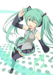 Rule 34 | 1girl, bad id, bad pixiv id, boots, cutefreak, detached sleeves, green eyes, green hair, hatsune miku, headset, highres, long hair, matching hair/eyes, musical note, necktie, one eye closed, open mouth, skirt, solo, thigh boots, thighhighs, twintails, very long hair, vocaloid, wink