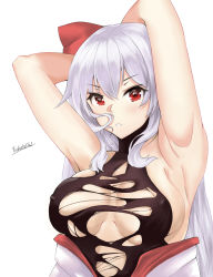 Rule 34 | 1girl, armpits, blush, bow, breasts, covered erect nipples, fate/grand order, fate (series), grey hair, hair between eyes, hair bow, highres, long hair, looking at viewer, medium breasts, piukute062, red eyes, signature, simple background, solo, tomoe gozen (fate), torn clothes, very long hair, white background