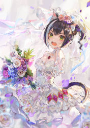 Rule 34 | 1girl, absurdres, animal ears, black hair, bouquet, breasts, bridal veil, cat ears, cat girl, cat tail, dress, falling petals, fang, fang qiao, flower, from side, green eyes, hair between eyes, highres, karyl (princess connect!), medium breasts, multicolored hair, outstretched arm, petals, princess connect!, reaching, reaching towards viewer, solo, streaked hair, tail, veil, wedding dress