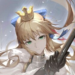 Rule 34 | absurdres, armor, artoria caster (fate), artoria caster (third ascension) (fate), artoria pendragon (fate), black gloves, blue bow, bow, closed mouth, crown, elbow gloves, fate/grand order, fate (series), fur trim, gloves, gold, gold trim, green eyes, grey background, hair between eyes, hair bow, highres, holding, holding staff, long sleeves, looking at viewer, makinohara ue, rain, red ribbon, diamond (shape), ribbon, staff, white fur