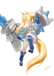 Rule 34 | 1girl, absurdres, animal ears, armor, bare shoulders, blonde hair, bodysuit, boots, breastplate, clothing cutout, crystal, dated, detached sleeves, elin, flat chest, flower, fox ears, fox tail, full body, gloves, halterneck, high heels, highres, holding, holding weapon, huge weapon, kneehighs, leg lift, leotard, long hair, looking to the side, parted lips, profile, purple eyes, shield, shoes, signature, simple background, socks, solo, tail, tail through clothes, tera online, twintails, weapon, white background