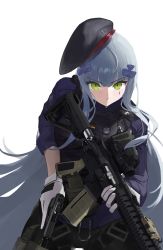 Rule 34 | 1girl, absurdres, ammunition belt, assault rifle, beret, blue hair, body armor, closed mouth, feet out of frame, girls&#039; frontline, glock, gloves, green eyes, gun, h&amp;k hk416, hair ornament, hairclip, handgun, hat, highres, hk416 (girls&#039; frontline), holding, holding gun, holding weapon, long hair, looking at viewer, pants, purple shirt, rifle, serious, shirt, sleeves rolled up, solo, south cn, standing, tactical clothes, teardrop facial mark, teardrop tattoo, weapon, white background, white gloves