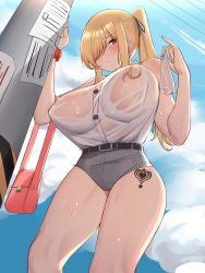 Rule 34 | 1girl, bag, bare shoulders, blonde hair, blush, breasts, brown eyes, cable, closed mouth, day, denim, denim shorts, dutch angle, handbag, highleg shorts, highres, holding, k jin, lamppost, large breasts, leg tattoo, long hair, looking at viewer, original, outdoors, scrunchie, see-through, shirt, shorts, sidelocks, sky, solo, standing, sweat, tattoo, wet, wet clothes, wet shirt, wrist scrunchie