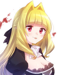 Rule 34 | 1girl, absurdres, blonde hair, blood, blush, breasts, cleavage, hair intakes, highres, long hair, looking at viewer, mai vlad transylvania, nyaa (nnekoron), puffy sleeves, red eyes, simple background, solo, tongue, tongue out, upper body, vlad love, white background