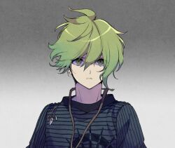 1boy amami_rantaro antenna_hair bad_id bad_twitter_id blue_shirt chain closed_mouth danganronpa_(series) danganronpa_v3:_killing_harmony determined earrings eyelashes gradient_background green_eyes green_hair grey_background hair_between_eyes jewelry jingle_(mhb729) light_frown long_sleeves looking_ahead loose_hair_strand male_focus pendant shirt short_hair solo striped_clothes striped_shirt stud_earrings upper_body vertical-striped_sleeves