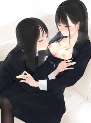 Rule 34 | 2girls, ama mitsuki, assisted exposure, belt buckle, black hair, black shirt, blunt bangs, blush, bra, breasts, brown eyes, brown legwear, buckle, cleavage, closed mouth, collarbone, couch, half-closed eyes, highres, long hair, long sleeves, looking at another, medium breasts, medium skirt, multiple girls, nipples, no bra, on couch, original, pantyhose, shirt, sitting, skirt, smile, steaming body, unbuttoned, unbuttoned shirt, underwear, white background, yuri
