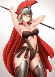 Rule 34 | 1girl, armor, armpits, blonde hair, breasts, cape, chain, cleavage, closed mouth, clothing cutout, commentary, cowboy shot, gradient background, green eyes, grey background, hair between eyes, heart cutout, helmet, highres, holding, holding polearm, holding spear, holding weapon, large breasts, leotard, navel, navel cutout, obaoba (monkeyix), original, polearm, red cape, short hair, solo, spear, standing, thighhighs, weapon