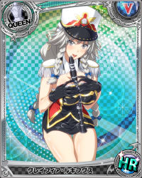 Rule 34 | 10s, 1girl, artist request, band uniform, black gloves, black skirt, braid, breasts, card (medium), character name, chess piece, clarinet, female focus, flute, gloves, grayfia lucifuge, grey eyes, grey hair, hat, high school dxd, instrument, large breasts, lipstick, makeup, matching hair/eyes, official art, queen (chess), red lips, shako cap, skirt, solo, trading card, twin braids