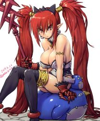 Rule 34 | 1girl, aged up, alternate breast size, alternate hair length, alternate hairstyle, amania orz, bare shoulders, belt, black thighhighs, breasts, cleavage, commentary request, dated, demon girl, disgaea, earrings, etna (disgaea), jewelry, large breasts, long hair, looking at viewer, makai senki disgaea, pointy ears, prinny, red eyes, red hair, shiny skin, sitting, skull, skull earrings, solo, staff, thighhighs, twintails, twitter username, very long hair, white background, wings